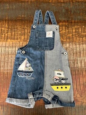 Two-Tone Denim Kids Overalls with Nautical Pirate Boat Appliqués - Blue/Gray